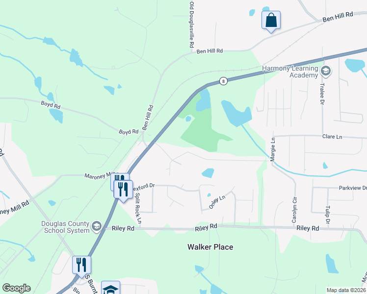 map of restaurants, bars, coffee shops, grocery stores, and more near 3710 Rogers Drive in Douglasville