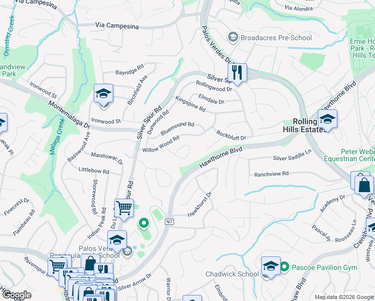 map of restaurants, bars, coffee shops, grocery stores, and more near 30 Silver Spring Drive in Palos Verdes Peninsula
