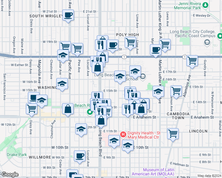 map of restaurants, bars, coffee shops, grocery stores, and more near 1534 Elm Avenue in Long Beach