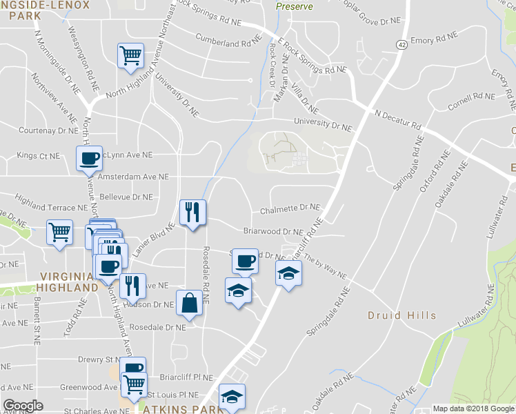 map of restaurants, bars, coffee shops, grocery stores, and more near 1149 Hancock Drive Northeast in Atlanta
