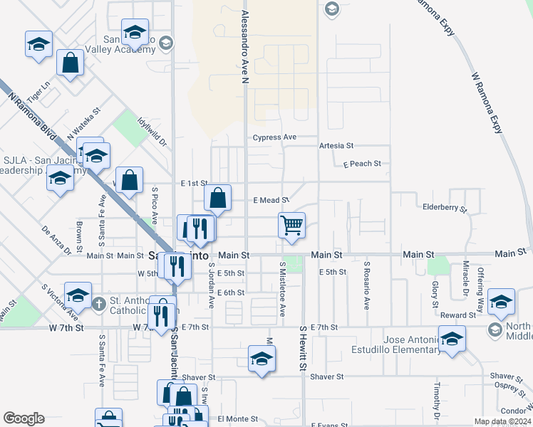 map of restaurants, bars, coffee shops, grocery stores, and more near 459 East 2nd Street in San Jacinto