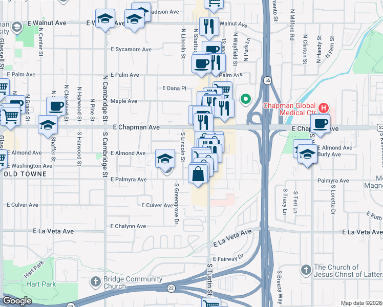 map of restaurants, bars, coffee shops, grocery stores, and more near 196 South Shattuck Place in Orange