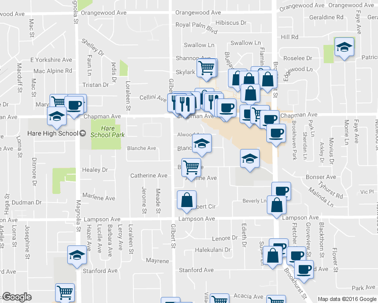 map of restaurants, bars, coffee shops, grocery stores, and more near 9572 Blanche Avenue in Garden Grove