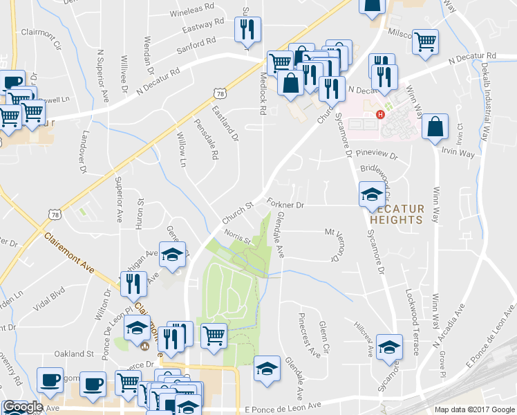 map of restaurants, bars, coffee shops, grocery stores, and more near 228 Knob Hills Circle in Decatur