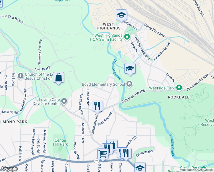 map of restaurants, bars, coffee shops, grocery stores, and more near 1976 East Avenue Northwest in Atlanta