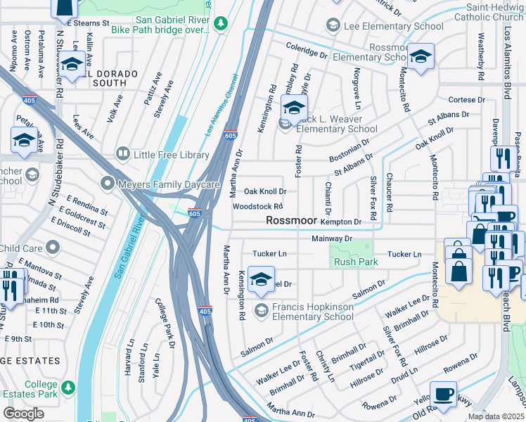 map of restaurants, bars, coffee shops, grocery stores, and more near 2672 Woodstock Road in Los Alamitos