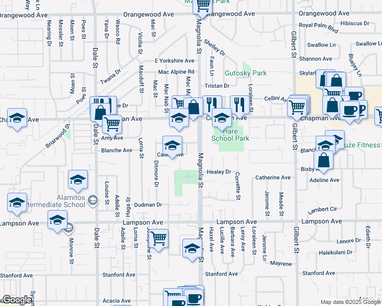 map of restaurants, bars, coffee shops, grocery stores, and more near 12162 Aero Drive in Garden Grove
