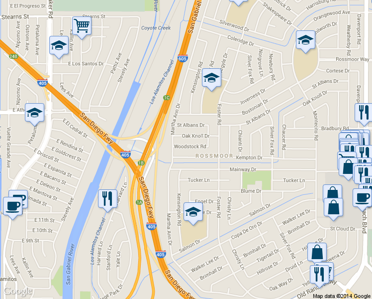 map of restaurants, bars, coffee shops, grocery stores, and more near 2672 Woodstock Rd in Los Alamitos