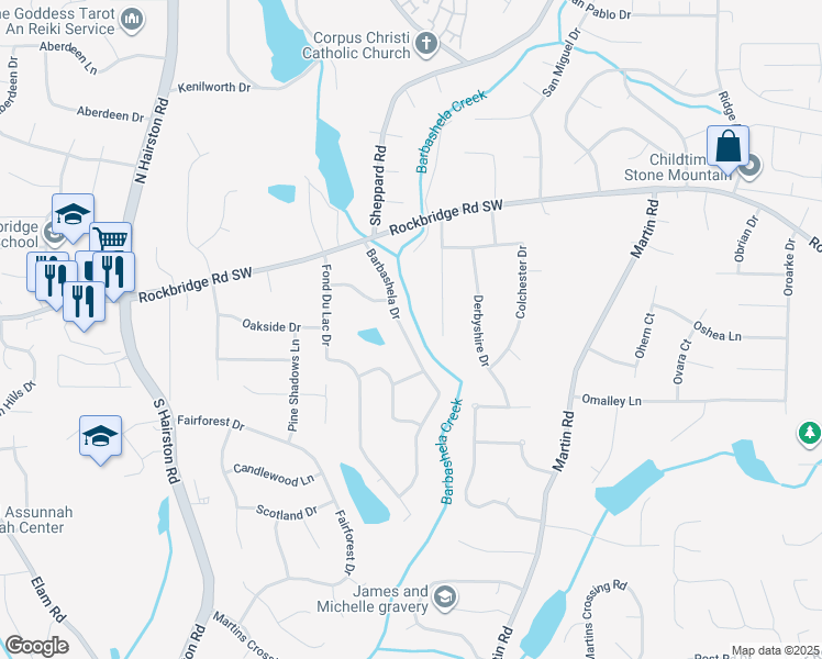 map of restaurants, bars, coffee shops, grocery stores, and more near 392 Barbashela Drive in Stone Mountain