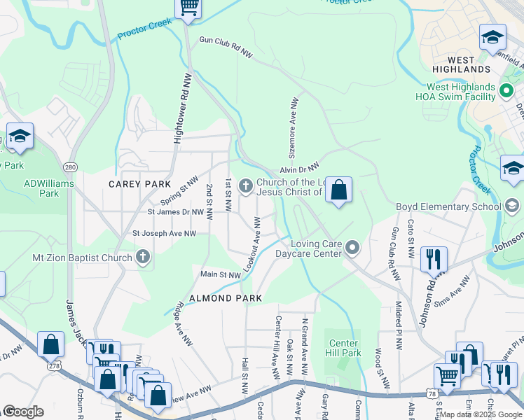 map of restaurants, bars, coffee shops, grocery stores, and more near 1139 Lookout Avenue Northwest in Atlanta