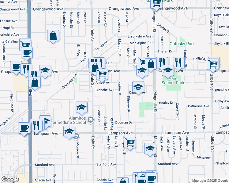map of restaurants, bars, coffee shops, grocery stores, and more near 12152 Haga Street in Garden Grove