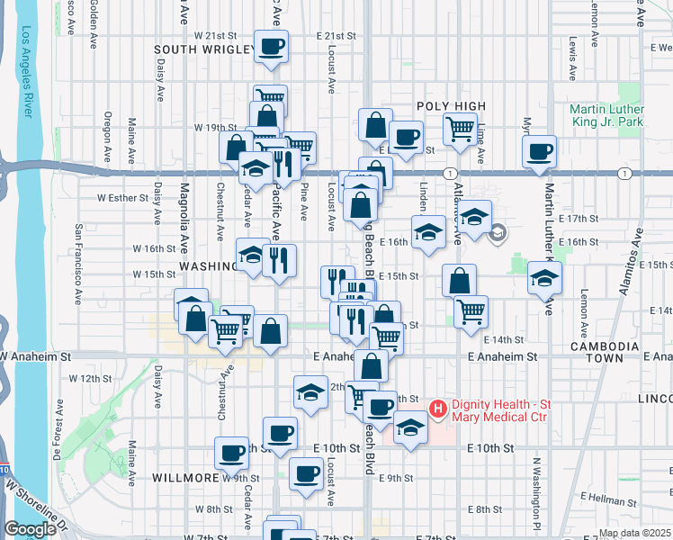 map of restaurants, bars, coffee shops, grocery stores, and more near 1536 Locust Avenue in Long Beach