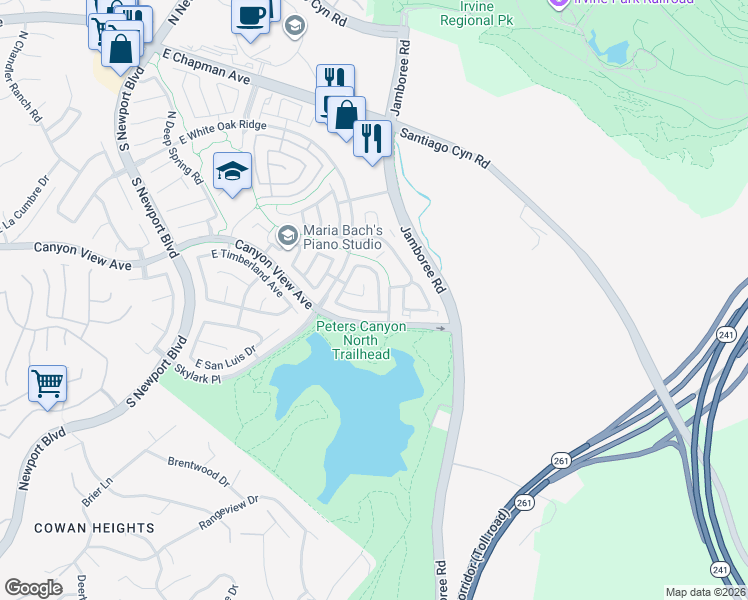map of restaurants, bars, coffee shops, grocery stores, and more near 260 South Firenza Way in Orange