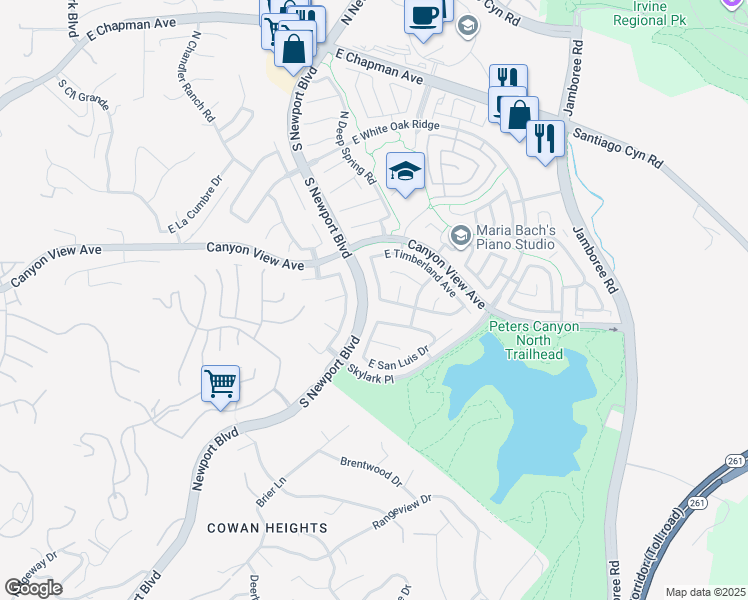 map of restaurants, bars, coffee shops, grocery stores, and more near 204 South Amberwood Street in Orange