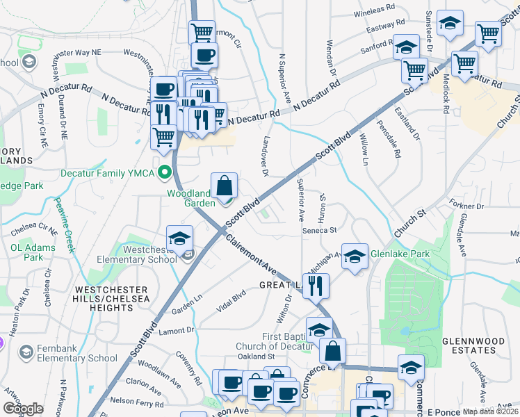 map of restaurants, bars, coffee shops, grocery stores, and more near 23 High Gate Trail in Decatur