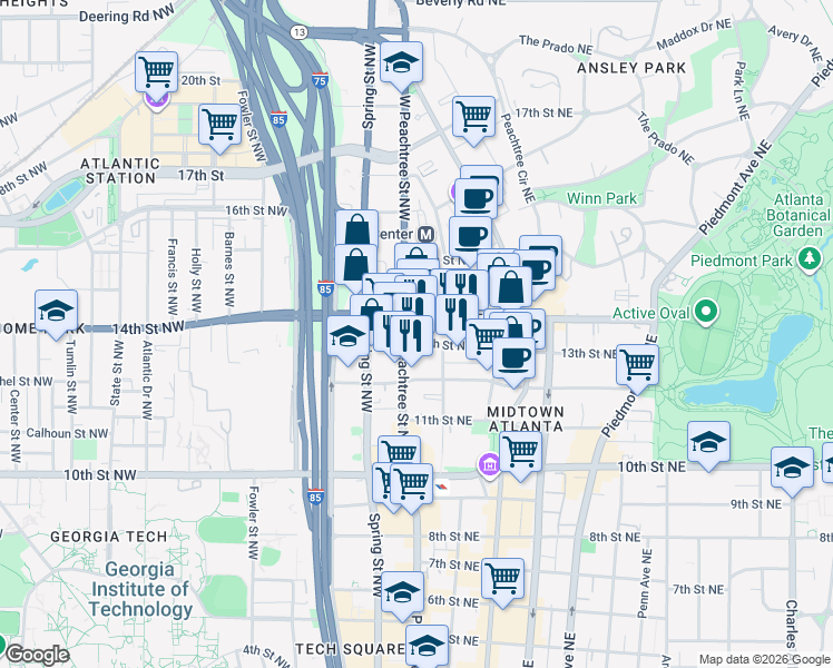 map of restaurants, bars, coffee shops, grocery stores, and more near 1163 West Peachtree Street Northeast in Atlanta