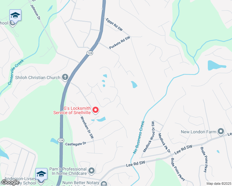 map of restaurants, bars, coffee shops, grocery stores, and more near 4256 Shoreside Circle Southwest in Snellville