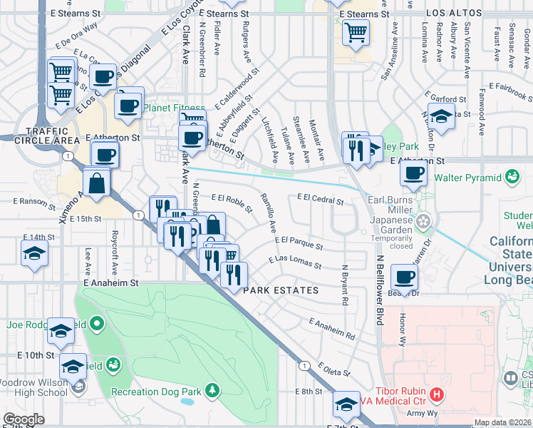map of restaurants, bars, coffee shops, grocery stores, and more near 1507 Ramillo Avenue in Long Beach