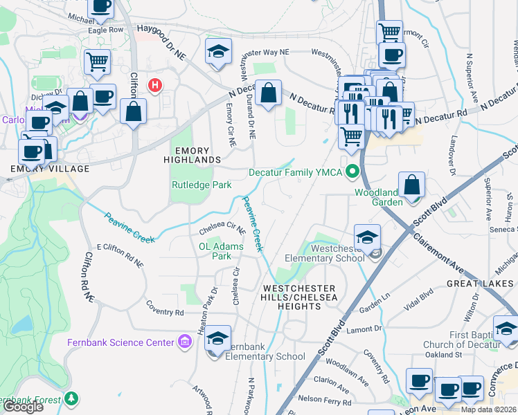map of restaurants, bars, coffee shops, grocery stores, and more near 1836 Grist Stone Court Northeast in Atlanta