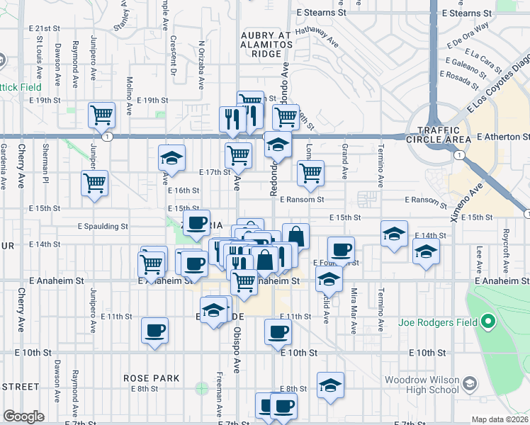 map of restaurants, bars, coffee shops, grocery stores, and more near 3249 East 15th Street in Long Beach