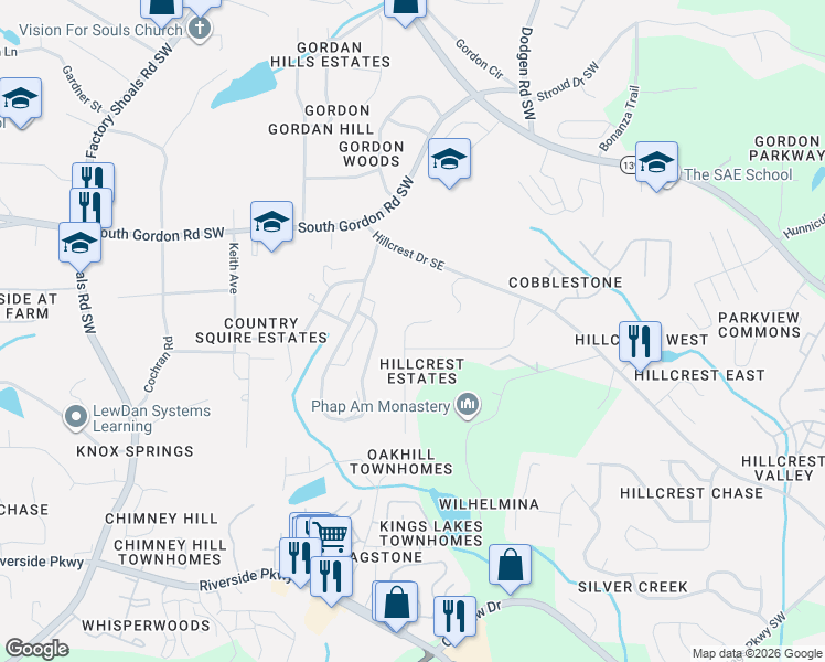 map of restaurants, bars, coffee shops, grocery stores, and more near 6919 ⛉ Bonnes Boulevard in Austell