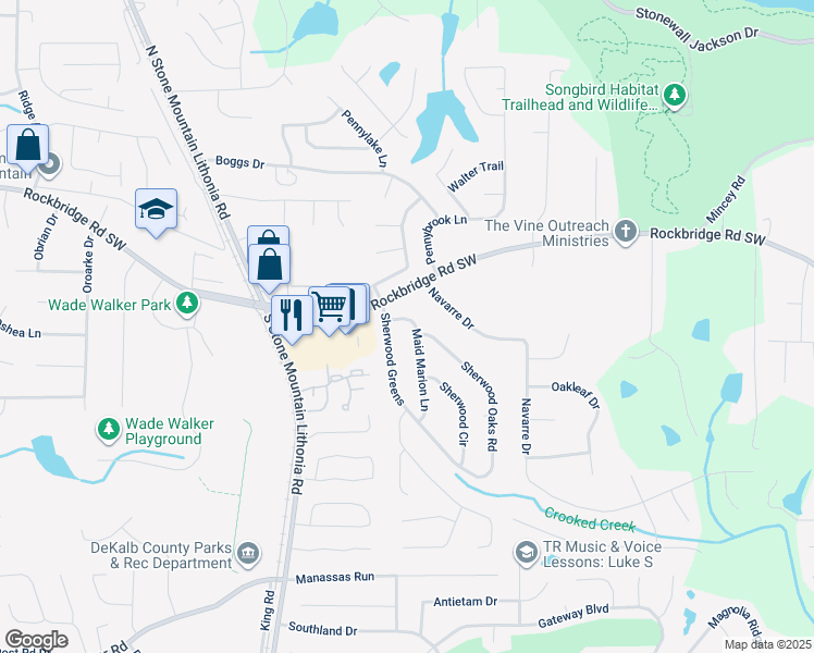 map of restaurants, bars, coffee shops, grocery stores, and more near 417 Maid Marion Lane in Stone Mountain