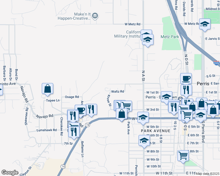 map of restaurants, bars, coffee shops, grocery stores, and more near 2 Kruse Street in Perris