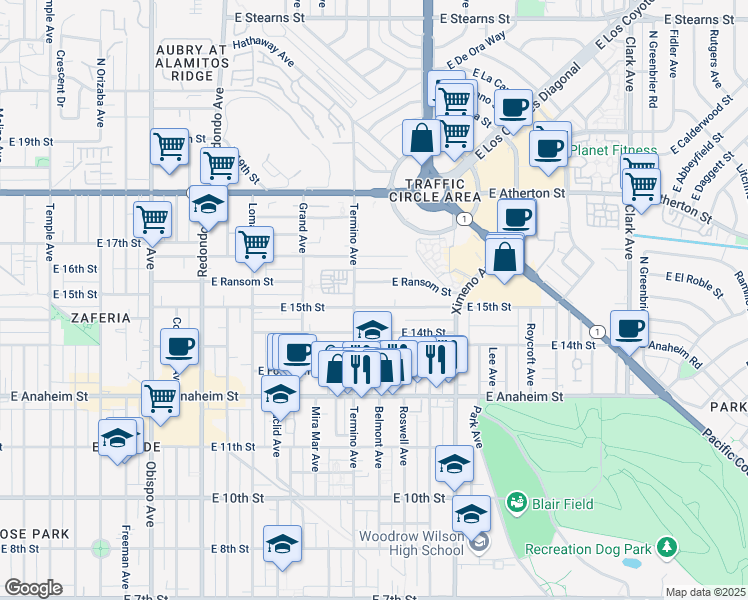 map of restaurants, bars, coffee shops, grocery stores, and more near 4109 East 15th Street in Long Beach