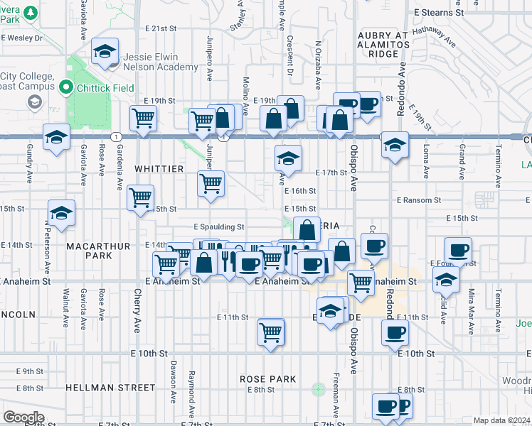 map of restaurants, bars, coffee shops, grocery stores, and more near in Long Beach