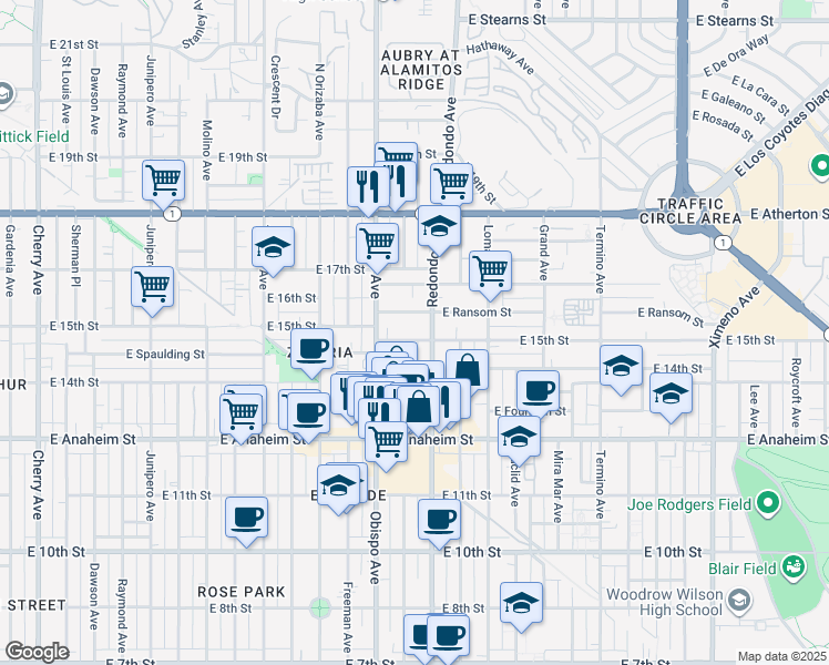 map of restaurants, bars, coffee shops, grocery stores, and more near 3315 East 15th Street in Long Beach