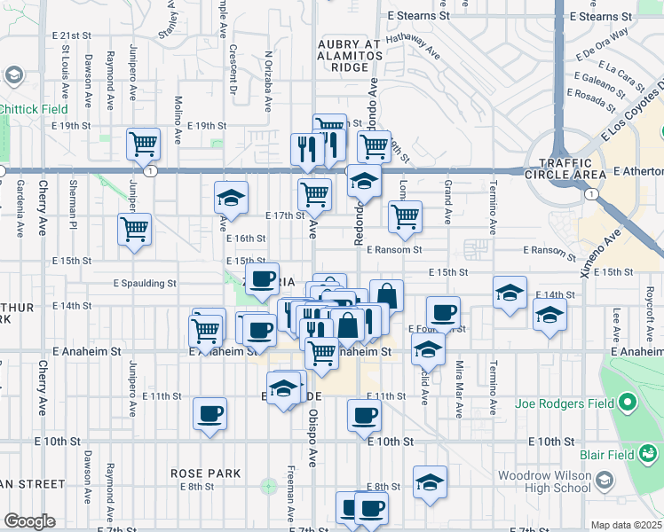 map of restaurants, bars, coffee shops, grocery stores, and more near 3235 East 15th Street in Long Beach