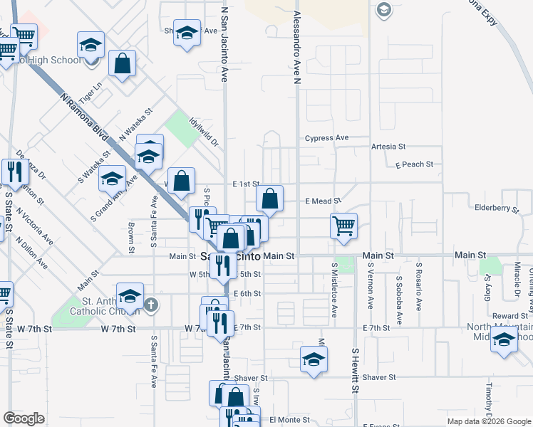 map of restaurants, bars, coffee shops, grocery stores, and more near 185 South Jordan Avenue in San Jacinto