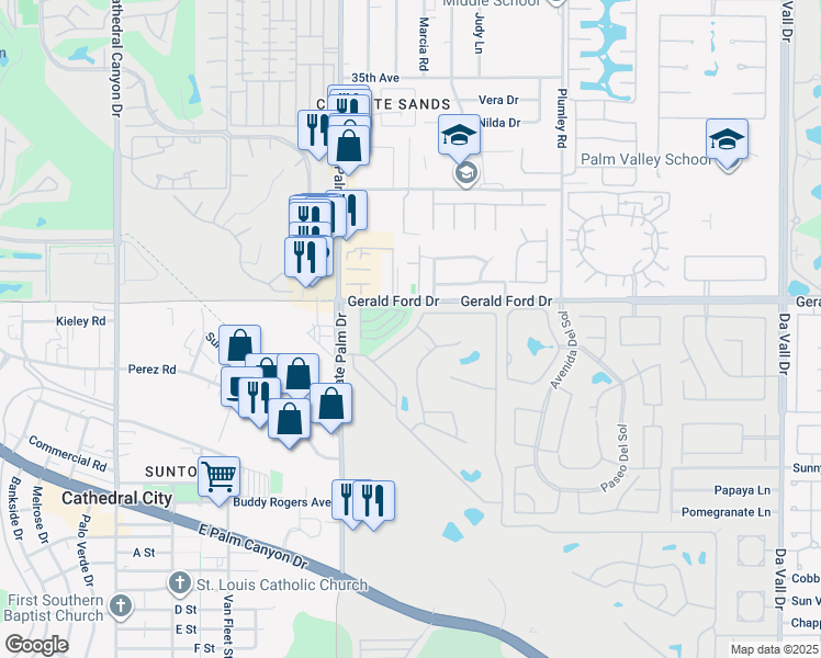 map of restaurants, bars, coffee shops, grocery stores, and more near 10 Vía Valverde in Cathedral City