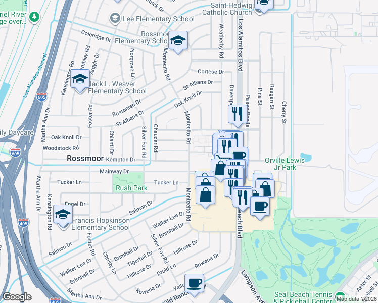 map of restaurants, bars, coffee shops, grocery stores, and more near 12200 Montecito Road in Los Alamitos