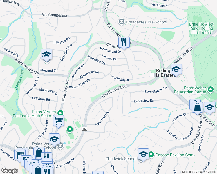 map of restaurants, bars, coffee shops, grocery stores, and more near 5048 Foxpoint Lane in Rolling Hills Estates