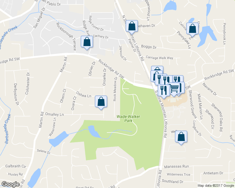 map of restaurants, bars, coffee shops, grocery stores, and more near 432 Rock Meadow Drive in Stone Mountain