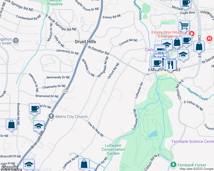 map of restaurants, bars, coffee shops, grocery stores, and more near 1151 Oxford Road Northeast in Atlanta