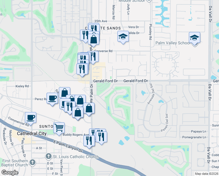 map of restaurants, bars, coffee shops, grocery stores, and more near 10 Vía Valverde in Cathedral City