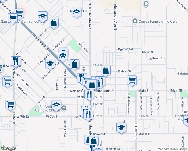 map of restaurants, bars, coffee shops, grocery stores, and more near 153 East 2nd Street in San Jacinto