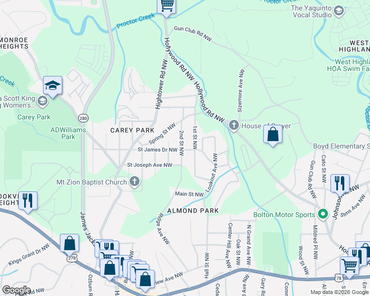 map of restaurants, bars, coffee shops, grocery stores, and more near 1137 2nd Street Northwest in Atlanta