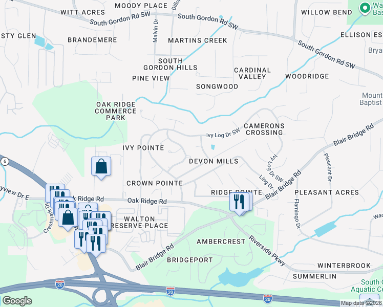 map of restaurants, bars, coffee shops, grocery stores, and more near 1493 Persimmon Log Court in Austell