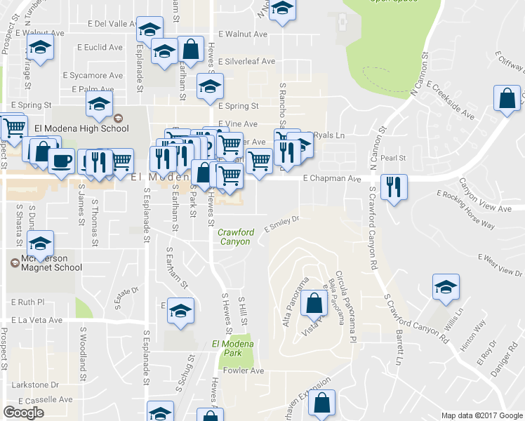 map of restaurants, bars, coffee shops, grocery stores, and more near 4741 East Washington Avenue in Orange