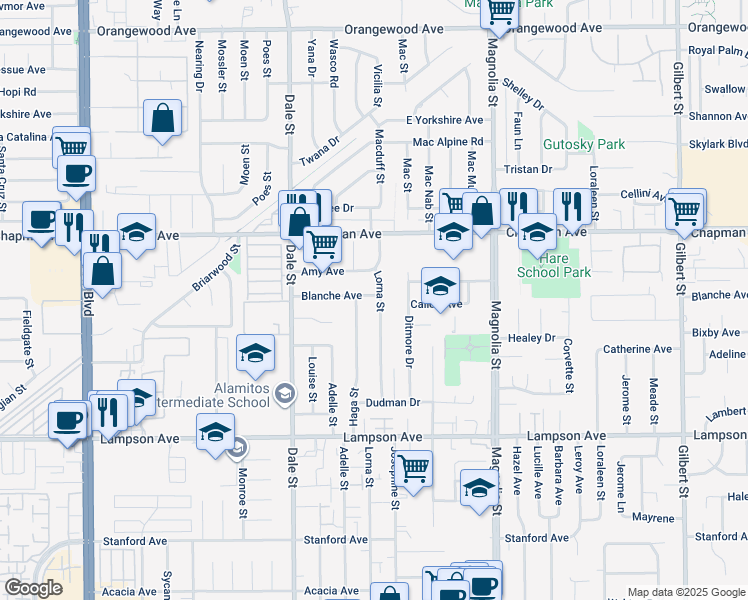 map of restaurants, bars, coffee shops, grocery stores, and more near 12152 Haga Street in Garden Grove