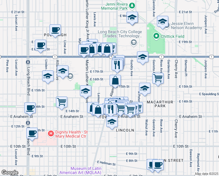 map of restaurants, bars, coffee shops, grocery stores, and more near 1170 East 15th Street in Long Beach