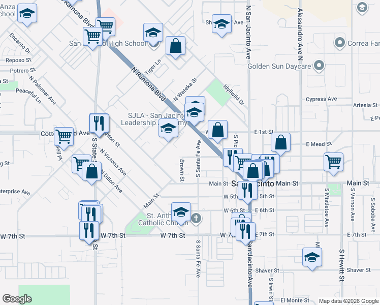 map of restaurants, bars, coffee shops, grocery stores, and more near 451 2nd Street West in San Jacinto