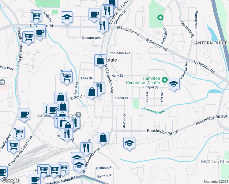 map of restaurants, bars, coffee shops, grocery stores, and more near 375 North Clarendon Avenue in Scottdale