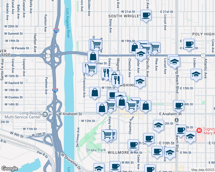 map of restaurants, bars, coffee shops, grocery stores, and more near 1501 Daisy Avenue in Long Beach