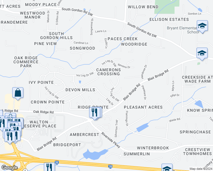map of restaurants, bars, coffee shops, grocery stores, and more near 1146 Aspen Log Place in Austell
