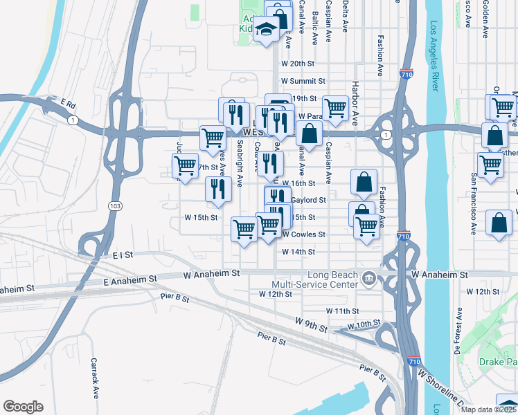 map of restaurants, bars, coffee shops, grocery stores, and more near 1550 Cota Avenue in Long Beach