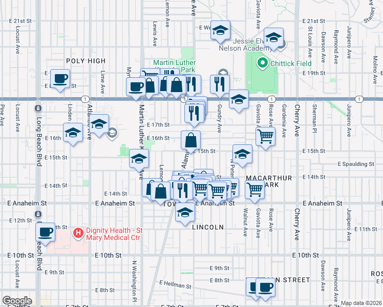 map of restaurants, bars, coffee shops, grocery stores, and more near 1471 1/2 Orange Avenue in Long Beach